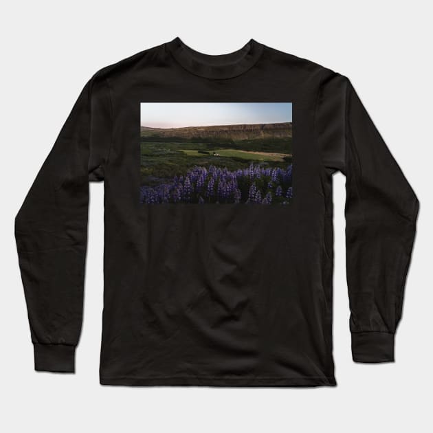 Lupine Flowers in Blossom During Midnight Sunset in Iceland Long Sleeve T-Shirt by Danny Wanders